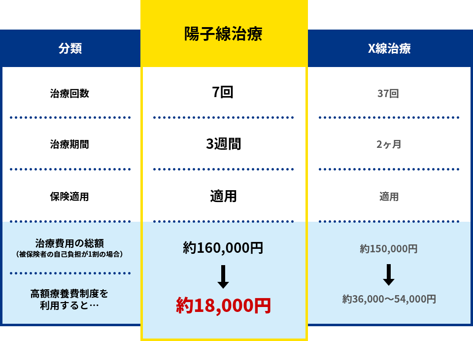 【陽子線治療】回数:7回 治療期間:3週間 保険適用:適用 治療費用の総額(被保険者の自己負担が1割の場合):約160,000円 高額医療制度を利用すると:約18,000円 【X線治療】回数:37回 治療期間:2ヶ月 保険適用:適用 治療費用の総額(被保険者の自己負担が1割の場合):約150,000円 高額医療制度を利用すると:約36,000~54,000円